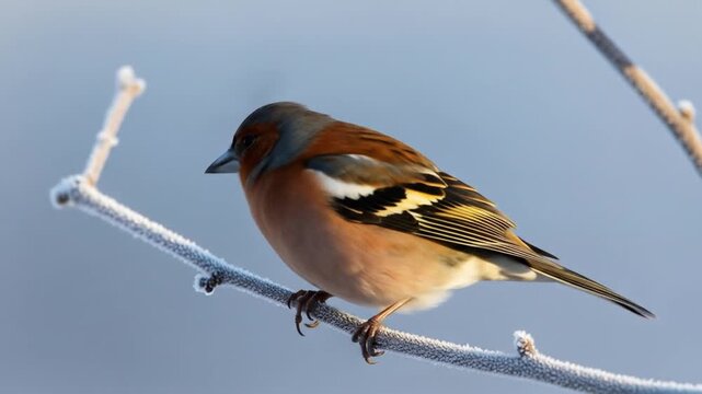 Delightful finch perched on frosted branch, showcasing nature's resilience and beauty, captivating