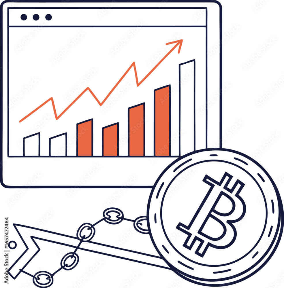 Poster vector art of bitcoin and cryptocurrency market analysis with growth chart and blockchain technology