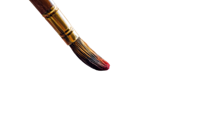 Close-up of a paintbrush tip with colorful paint.  The wooden handle and gold ferrule are visible
