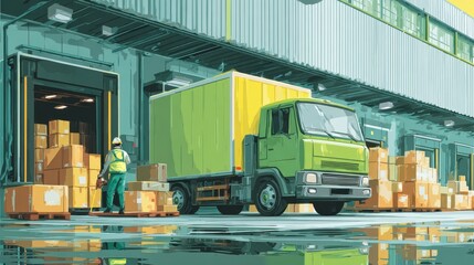 Naklejka premium Customs Inspection. Green Truck Loading Cargo at Warehouse for Customs Clearance