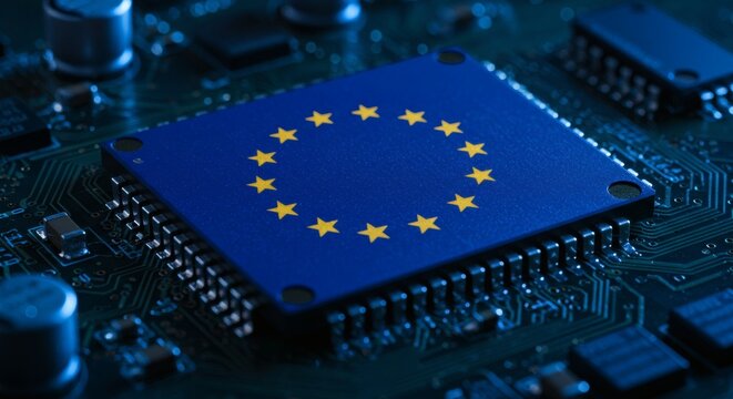 EU Flag Microchip Tech Innovation with Europe, Circuits, and Development.