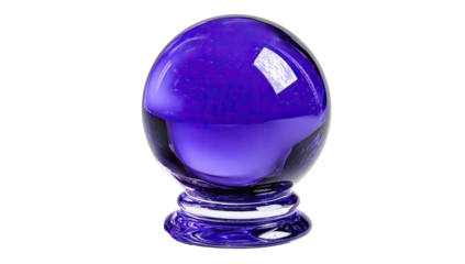 Purple glass sphere on a clear glass pedestal.  Dark background
