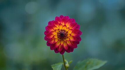 Close-up of a vibrant dahlia flower with fiery orange and magenta petals blooming against a soft blurred green background, symbolizing beauty, nature, and growth, perfect for art and design visuals