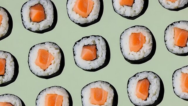 A flat lay of sushi rolls arranged in a grid pattern. Each roll contains salmon and rice, wrapped in seaweed. The background is a light green color.