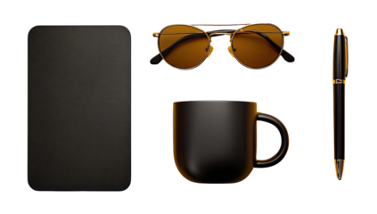 Dark, sophisticated accessories.  Flat lay of a dark case, sunglasses, mug, and pen