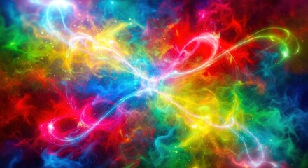 Cosmic Collision of Luminous Rainbow Tendrils in a Vibrant, Star-Dusted Nebula