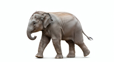 Fototapeta premium A young elephant walking on a white background with its trunk slightly curled and its tail swaying gently