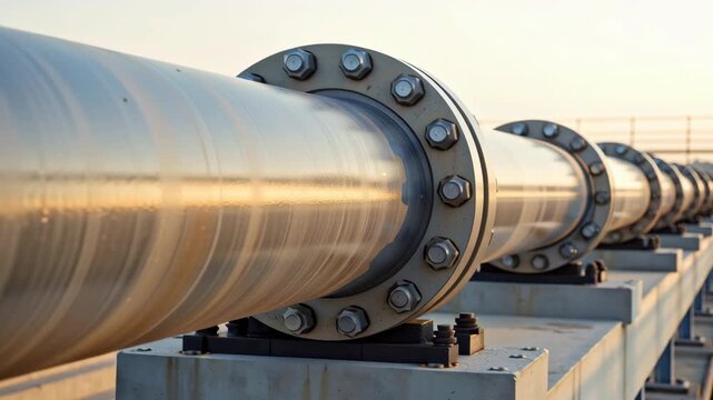Oil pipeline with metal flanges and bolts supporting international shipping and fuel transport infrastructure warm sunset light