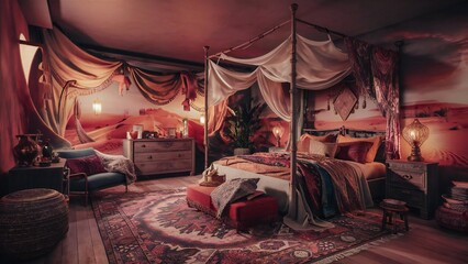 Luxurious bohemian bedroom with canopy bed and rich textiles