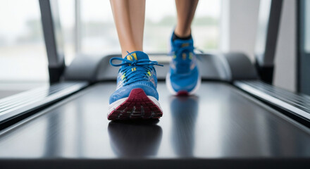 Close up of blue running shoes on a treadmill in a gym for a workout and fitness exercise routine