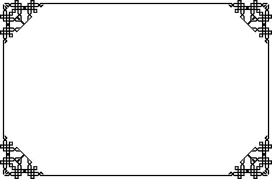 Oriental Frame Design Traditional Chinese Style Border with Geometric Corner Ornament Black Isolated. 786