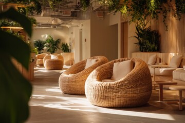 A quiet lounge with woven chairs, indoor greenery, and soft golden light Staff are resting with their eyes closed The mood feels gentle and restful, Generative AI
