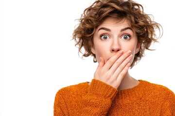 Excited woman in disbelief hand over her mouth against a white background