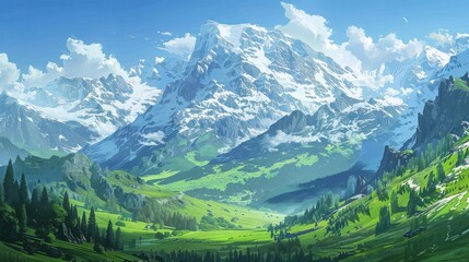 Obraz premium Scenic mountain landscape with snowcapped peaks and green valley