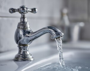Close-up of a vintage metal faucet with water flowing into a sink in a modern bathroom setting