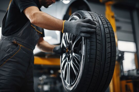 Expert mechanic replacing vehicle tire - Powered by Adobe