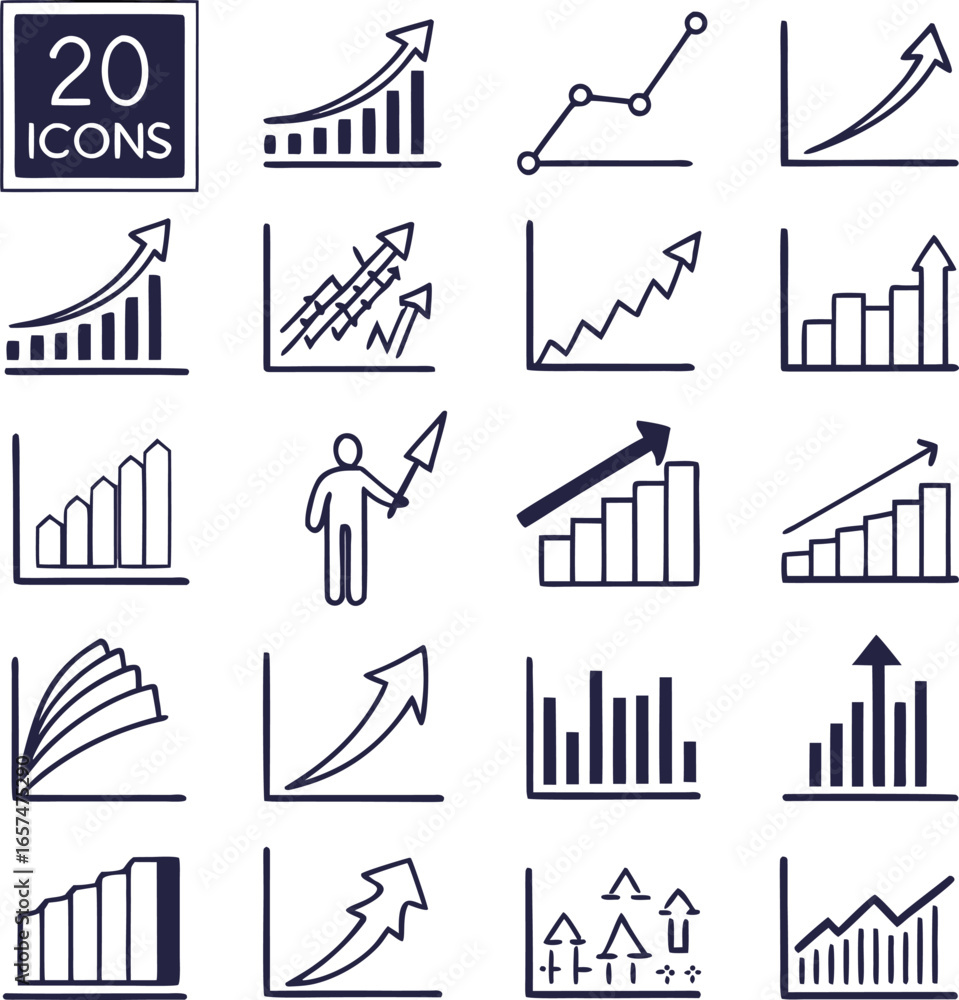 Poster vector art of collection of twenty business graph icons showing growth and success isolated on white