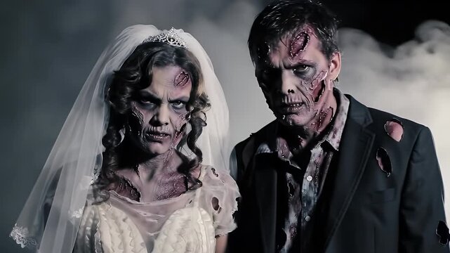 A spooky portrait of a zombie bride and groom in tattered wedding attire standing in fog.