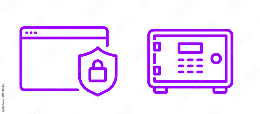 Poster digital security and physical protection symbolized by a shield with a padlock and a safe