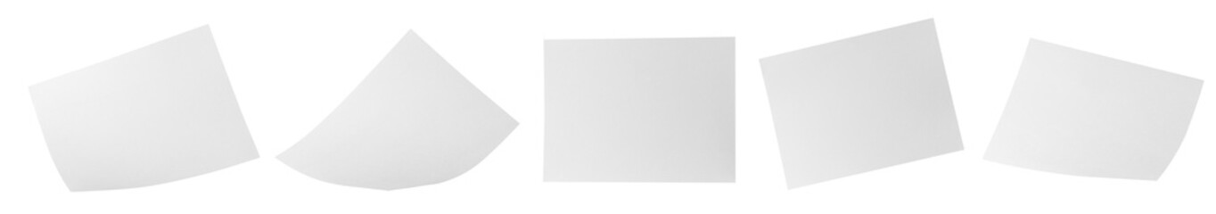 pile blank white paper flying, empty note leaf or leaflet in motion mockup, sheet falls and twists isolated on white with clipping path.