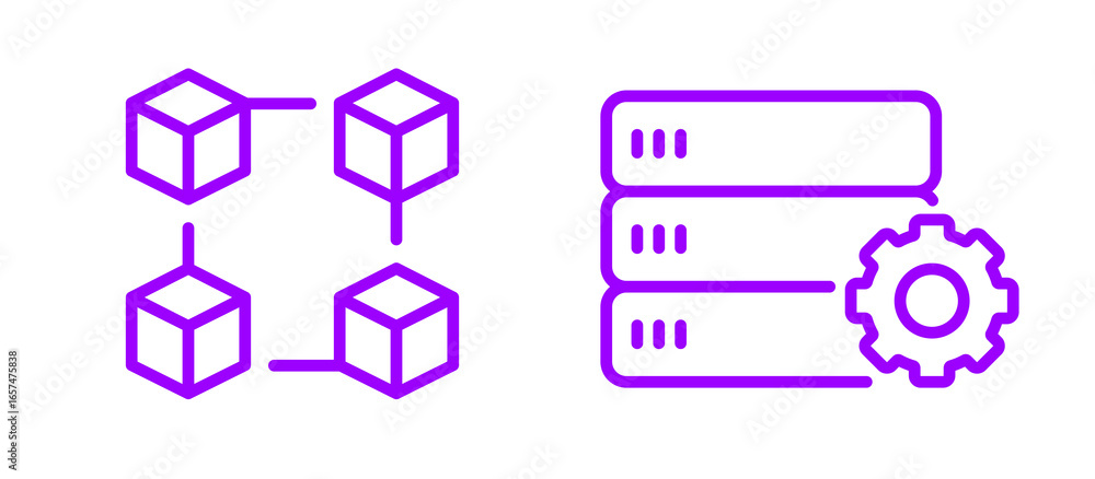Poster digital network of connected cubes beside server racks with a gear, symbolizing data management and 