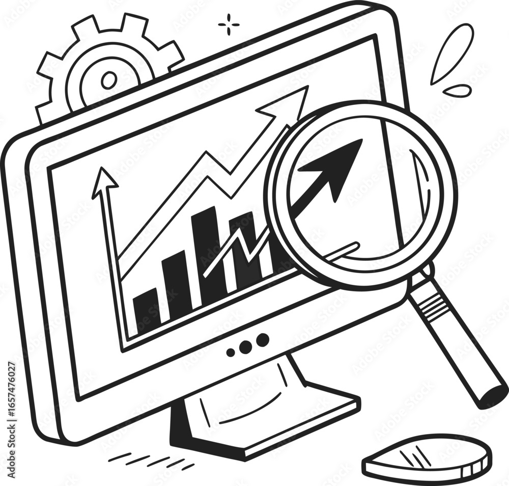 Fototapete vector art of computer screen displaying a graph with an upward arrow, gear, and magnifying glass is