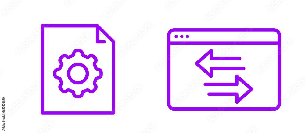 Poster two purple line art icons representing file settings and data transfer on a white background.