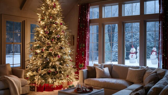 Cozy living room with illuminated christmas tree and snowy window view