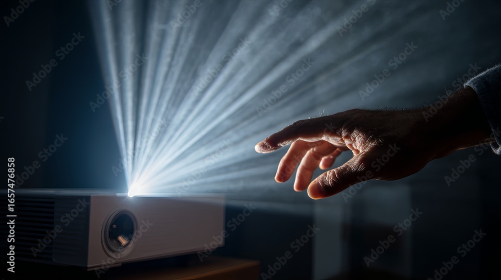 Poster captivating beam of light from projector reaches out as a hand gestures towards the luminescence