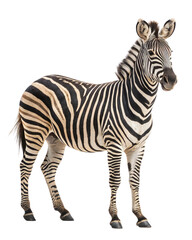 Plains Zebra with Black and White Stripes Standing and Looking Forward Isolated on White Background