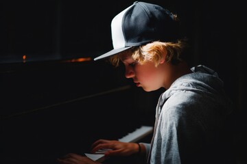 Image of a handsome boy with a backward baseball cap playing a digital piano
