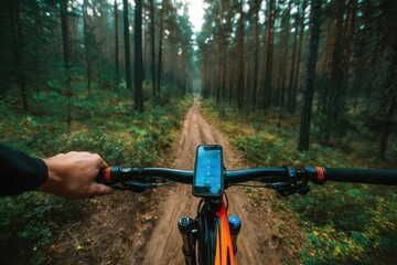 Bikers use phones while cycling on wooded paths