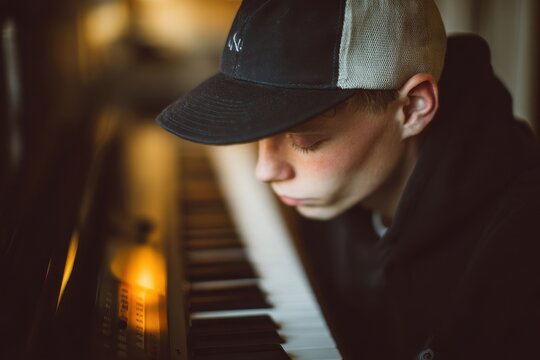 Image of a handsome boy with a backward baseball cap playing a digital piano