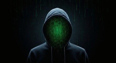 Digital Mask Anonymous Figure in Hoodie with Green Matrix Code Rain.
