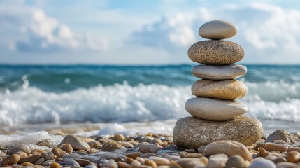 Stacked stones on a pebble beach with ocean waves and a cloudy sky in the background creating balance