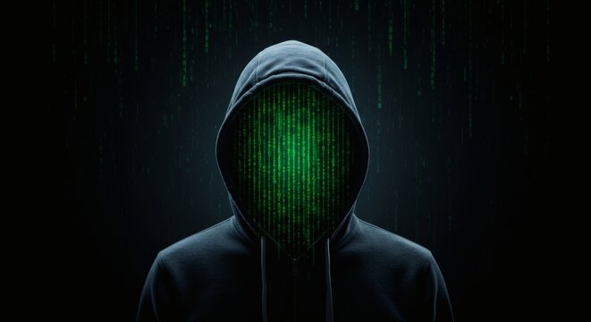 Digital Mask Anonymous Figure in Hoodie with Green Matrix Code Rain. - Powered by Adobe