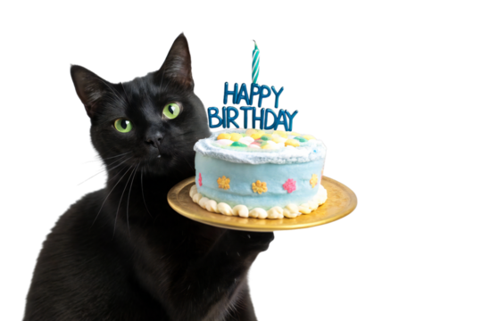 Black cat with birthday cake and candle isolated on white background