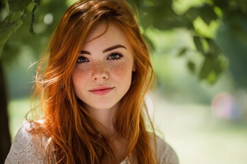 Naklejka premium Image of a pretty young girl with red hair in a summer park