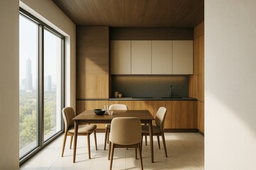 Contemporary kitchen interior with wooden furniture and soft lighting in minimalist apartment with large window and city view in background.