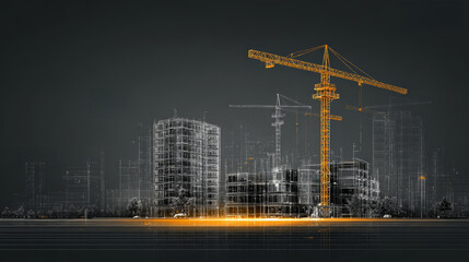 Construction site crane building architecture city urban wireframe digital technology futuristic night