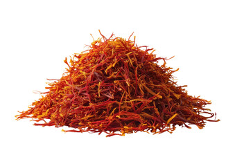 Naklejka premium Pile of vibrant orange-red spice. A mound of dried saffron threads, richly hued and textured, sits against a black background
