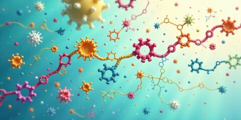 A vibrant illustration depicting interconnectedness of microscopic entities, showcasing a complex network of colorful molecules and viral structures floating in a serene blue atmosphere.