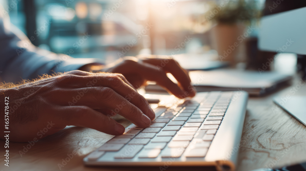 Poster typing computer keyboard hand office work technology desk sunlight business productive typing comput