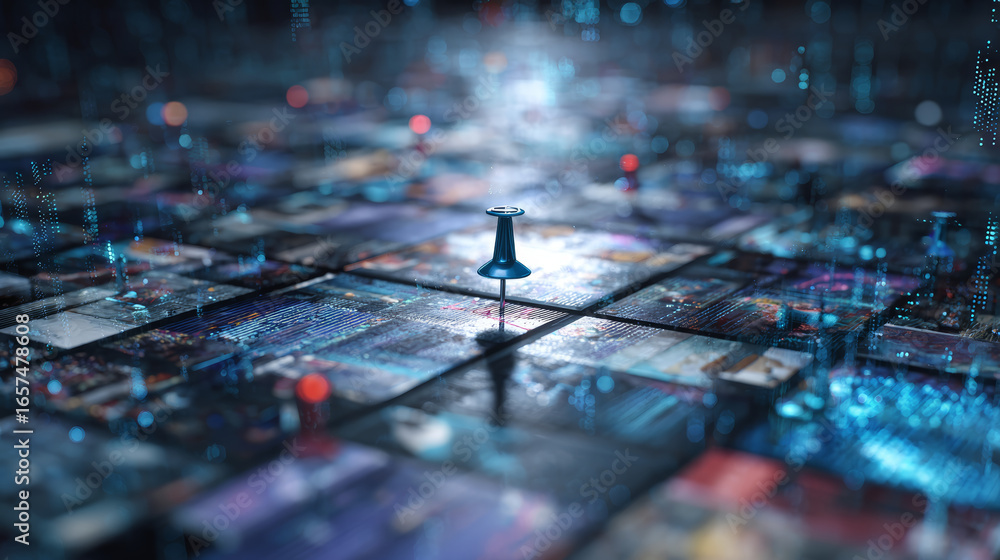 Poster blue pushpin digital screen technology data network futuristic focus information abstract connection