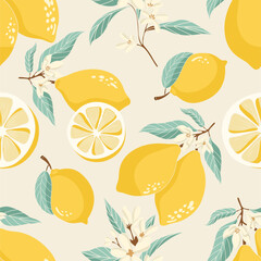 Bright lemon seamless pattern with sliced and whole fruits, green leaves, and blossoms on a cream background, ideal for summer textiles, wallpaper, and wrapping.