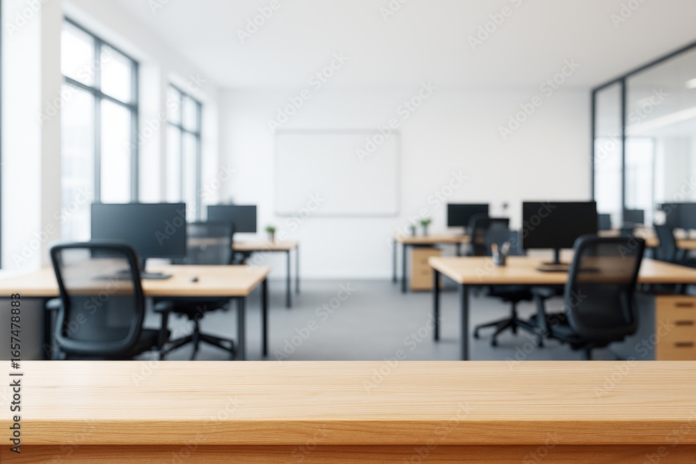 Poster modern open office interior with wooden desk in foreground and blurred workspace in background for b