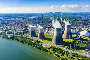 Thermal power plant under blue sky and white clouds