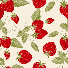 strawberry seamless pattern with ripe red fruits and green leaves on a cream background, perfect for summer textiles, wrapping paper, and fresh food designs.