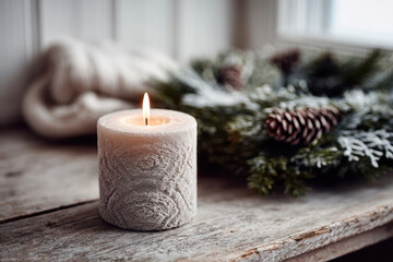 modest interior scene featuring single candle and christmas wreath elegantly placed on rustic wooden table