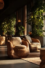 A quiet lounge with woven chairs, indoor greenery, and soft golden light Staff are resting with their eyes closed The mood feels gentle, Generative AI
